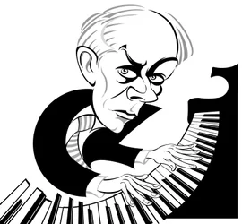 Béla Bartók compositeur et pianiste hongrois (1881 - 1945); caricature en noir et blanc au piano